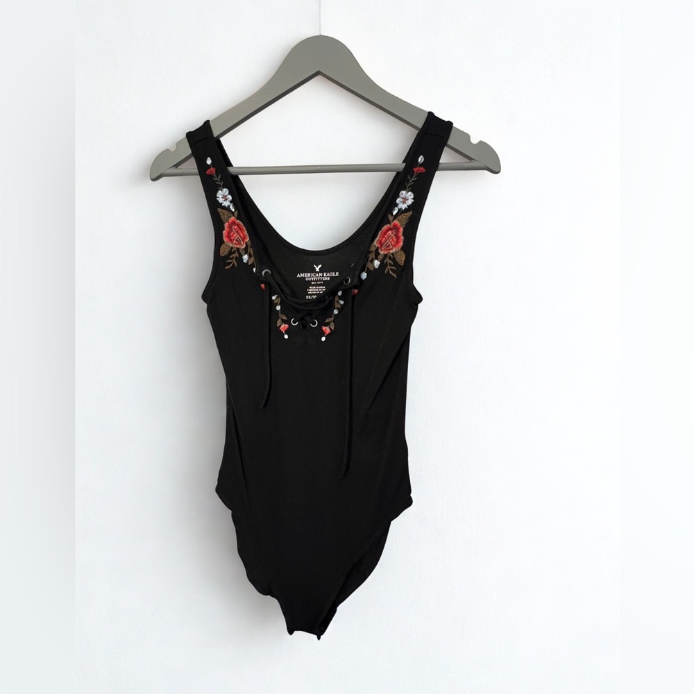 American Eagle Outfitters Floral Embroidered Black Lace Up Soft Bodysuit Size XS